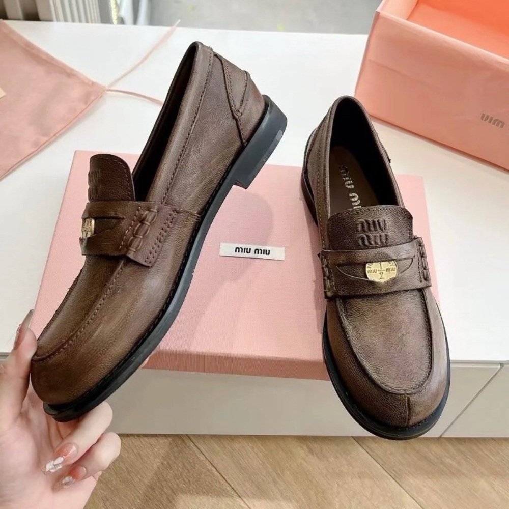 Miu Miu Chocolate Brown Leather Loafers with Gold-Tone Buckle